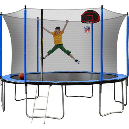 15FT Trampoline with Basketball Hoop Inflator and Ladder (Inner Safety Enclosure) Blue