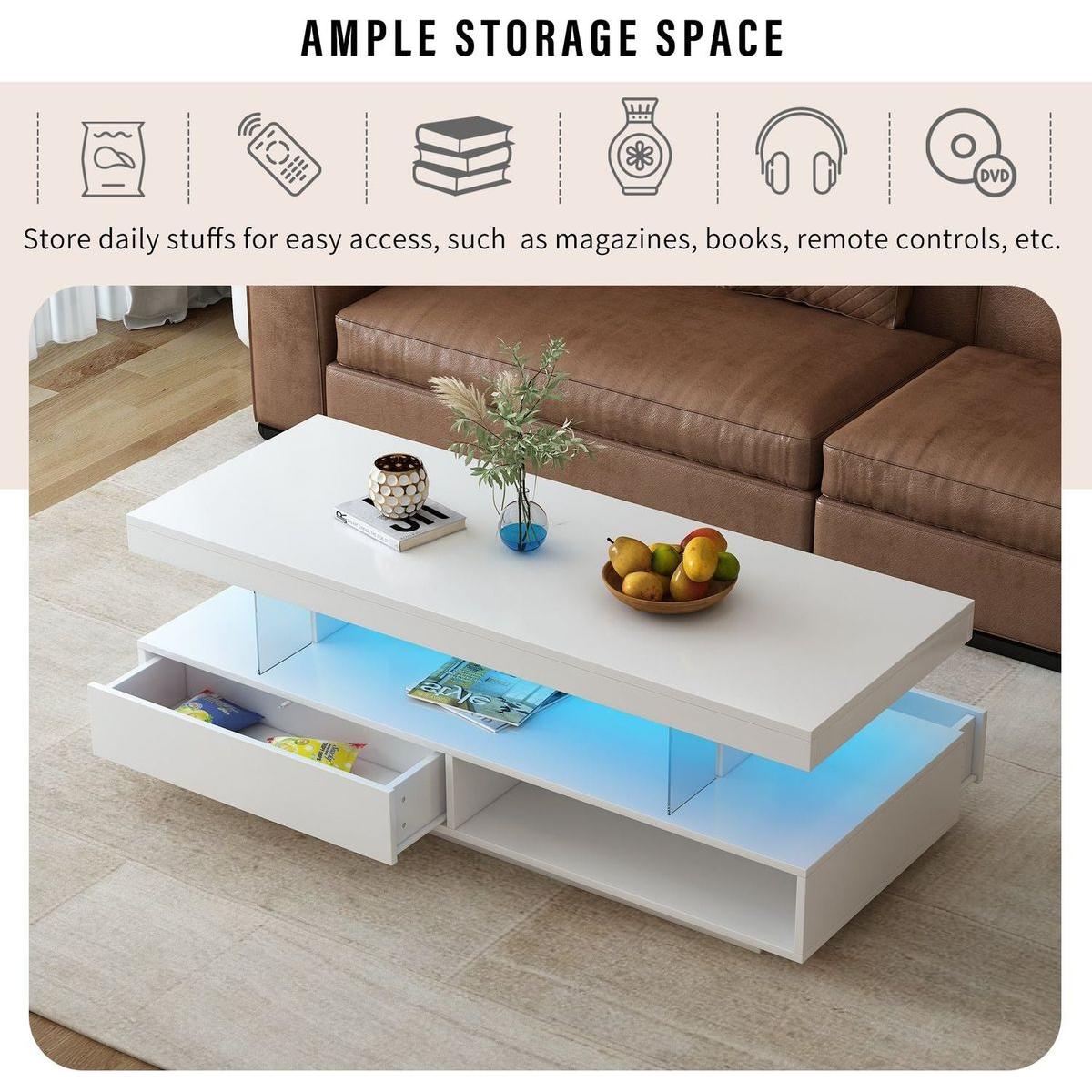 LED Coffee Table with Storage, Modern Center Table with 2 Drawers and Display Shelves, Accent Furniture with LED Lights for Living Room,White