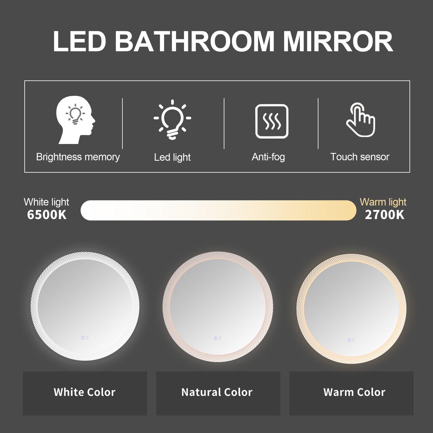 24 Inch Switch-Held Memory LED Mirror, Wall-Mounted Vanity Mirrors, Bathroom Anti-Fog Mirror, Dimmable Bathroom Mirror