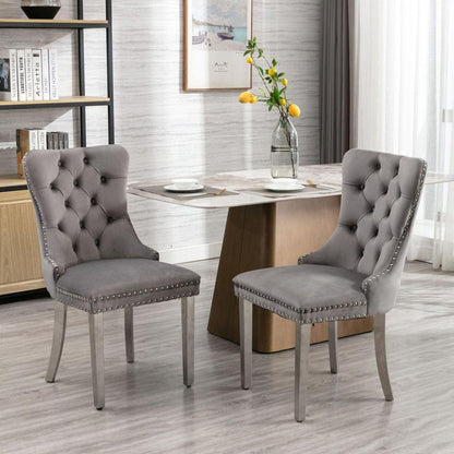 Nikki Collection Modern, High-end Tufted Solid Wood Contemporary Velvet Upholstered Dining Chair with Chrome Stainless Steel Plating Legs, Nailhead Trim, Set of 2ray and Chrome