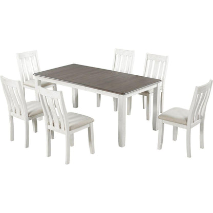 Retro Style 7-Piece Dining Table Set with Extendable Table and 6 Upholstered Chairs (Brown+White)