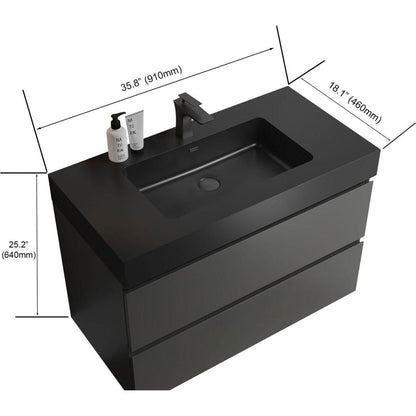 Alice 36" Gray Bathroom Vanity with Sink, Large Storage Wall Mounted Floating Bathroom Vanity for Modern Bathroom, One-Piece Black Sink Basin without Drain and Faucet