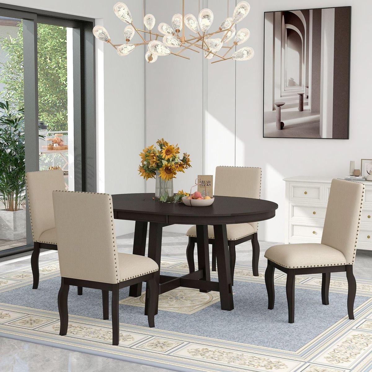 5 Piece Farmhouse Dining Table Set Wood Round Extendable Dining Table and 4 Upholstered Dining Chairs Espresso Streamdale Furniture