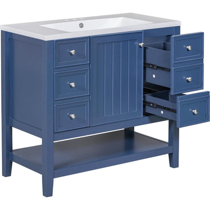 36" Bathroom Vanity with Sink Combo, One Cabinet and Three Drawers, Solid Wood and MDF Board, Blue