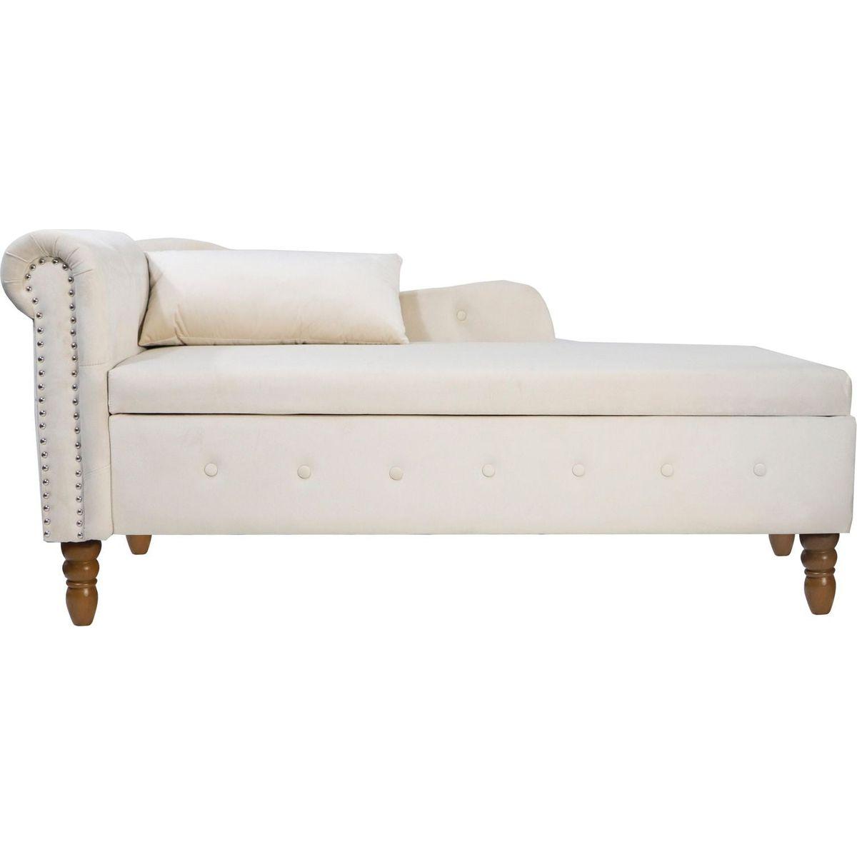 Beige Chaise Lounge Indoor, Velvet Lounge Chair for Bedroom with Storage & Pillow, Modern Upholstered Rolled Arm Chase Lounge for Sleeping with Nailhead Trim for Living Room Bedroom Office