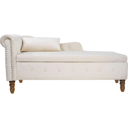 Beige Chaise Lounge Indoor, Velvet Lounge Chair for Bedroom with Storage & Pillow, Modern Upholstered Rolled Arm Chase Lounge for Sleeping with Nailhead Trim for Living Room Bedroom Office