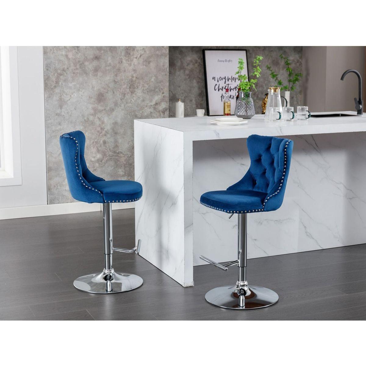 Swivel Velvet Barstools Adjusatble Seat Height from 25-33 Inch, Modern Upholstered Chrome base Bar Stools with Backs Comfortable Tufted for Home Pub and Kitchen Islandlue, Set of 2) - Streamdale Furniture