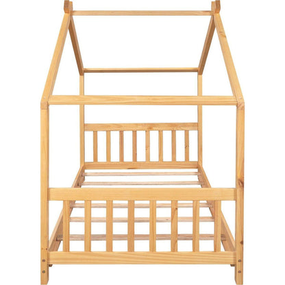 Twin Size House Platform Bed with Headboard and Footboard, Roof Design卢篓Natural