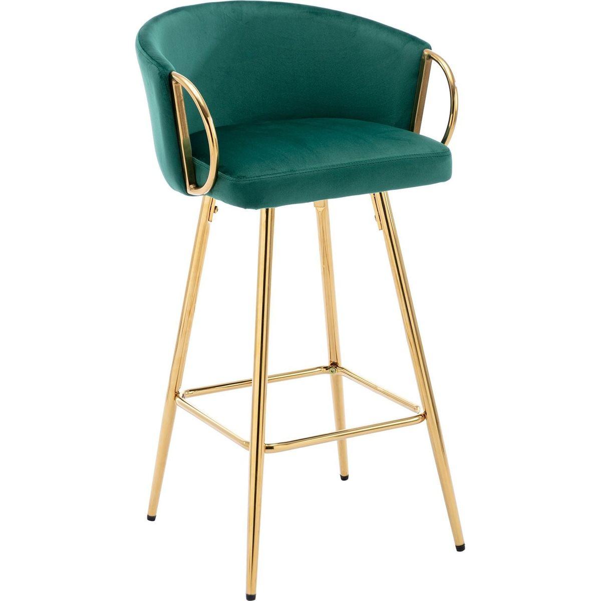 26 Inch Set of 2 Bar Stools, with Chrome Footrest and Base Velvet + Golden Leg Simple Bar Stool, GREEN