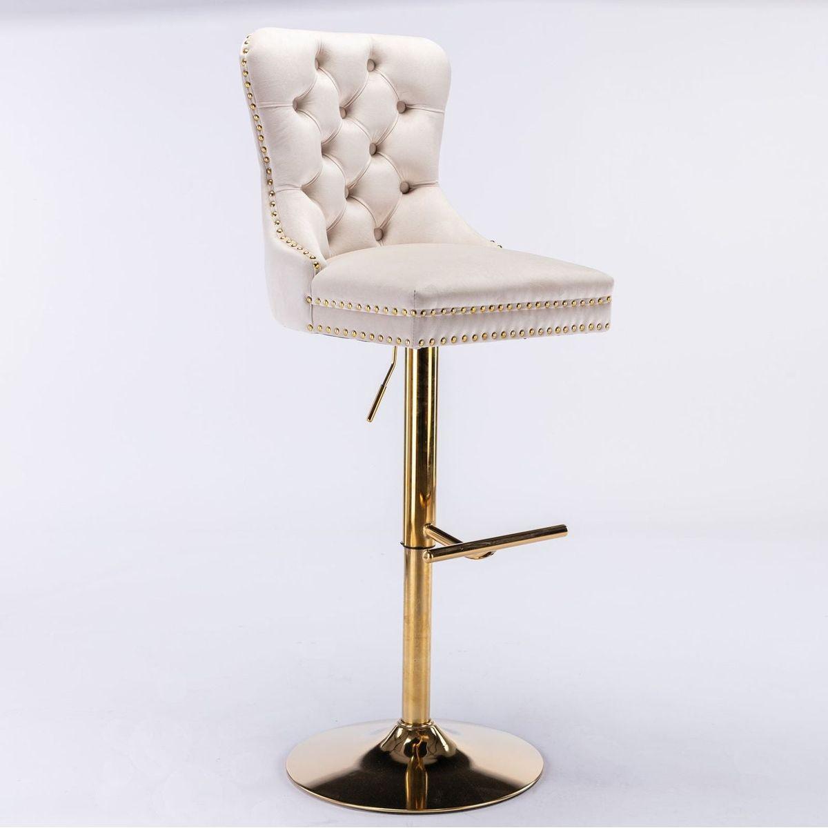 Furniture, Thick Golden Swivel Velvet Barstools Adjusatble Seat Height from 27-35 Inch, Modern Upholstered Bar Stools with Backs Comfortable Tufted for Home Pub and Kitchen Island (Beige, Set of 2) - Streamdale Furniture