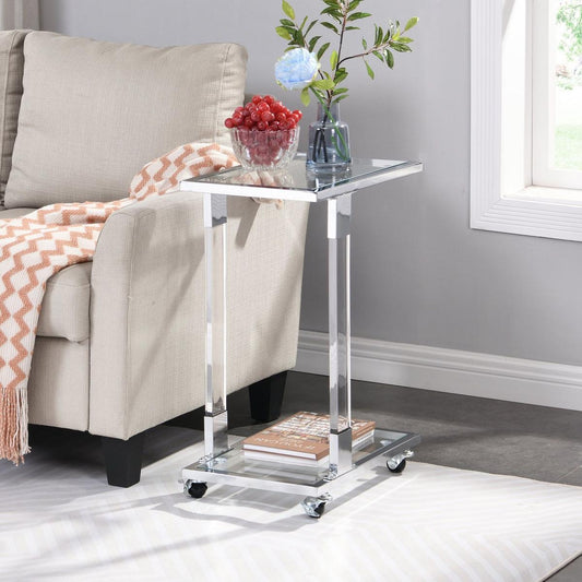 Chrome Glass Side Table, Acrylic End Table, Glass Top C Shape Square Table with Metal Base for Living Room, Bedroom, Balcony Home and Office