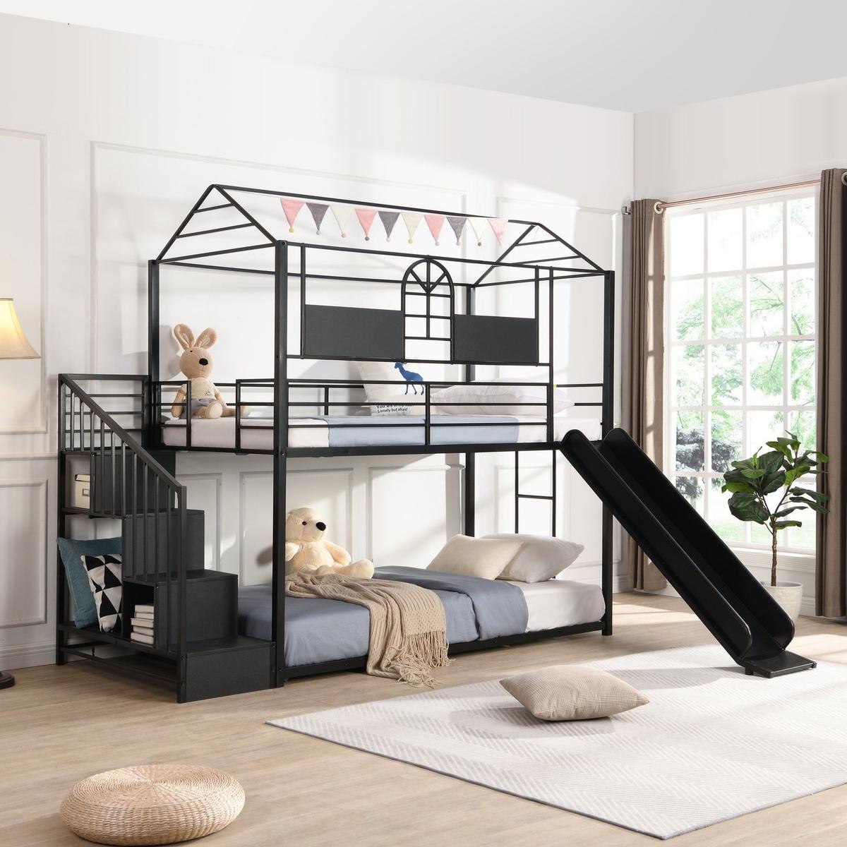 Metal bunk bed with slide and steps