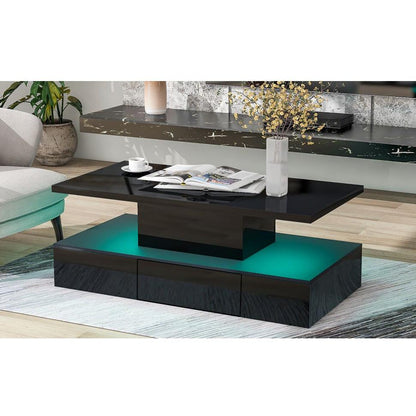 Modern Glossy Coffee Table With Drawer, 2-Tier Rectangle Center Table with Plug-in 16 colors LED lighting for Living room, 39.3" x19.6" x15.3"