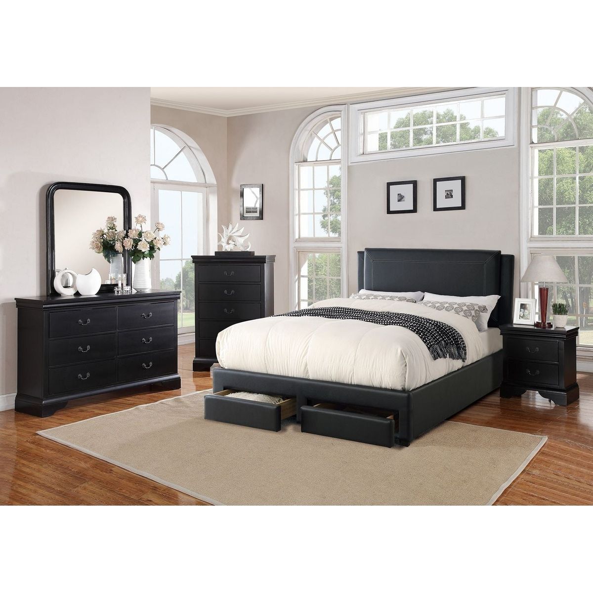 Contemporary Bedroom Furniture Nightstand Black Color 2 x Drawers Bed Side Table Pine wood