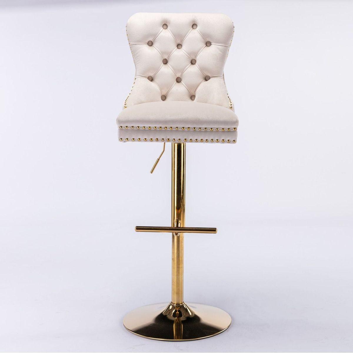 Furniture, Thick Golden Swivel Velvet Barstools Adjusatble Seat Height from 27-35 Inch, Modern Upholstered Bar Stools with Backs Comfortable Tufted for Home Pub and Kitchen Island (Beige, Set of 2) - Streamdale Furniture