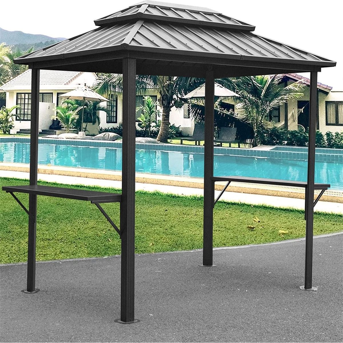 Grill Gazebo 8' x 6', Aluminum BBQ Gazebo Outdoor Metal Frame with Shelves Serving Tables, Permanent Double Roof Hard top Gazebos for Patio Lawn Deck Backyard and Garden (Grey)