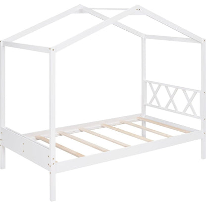 Twin Size Wood House Bed with Storage Space, White