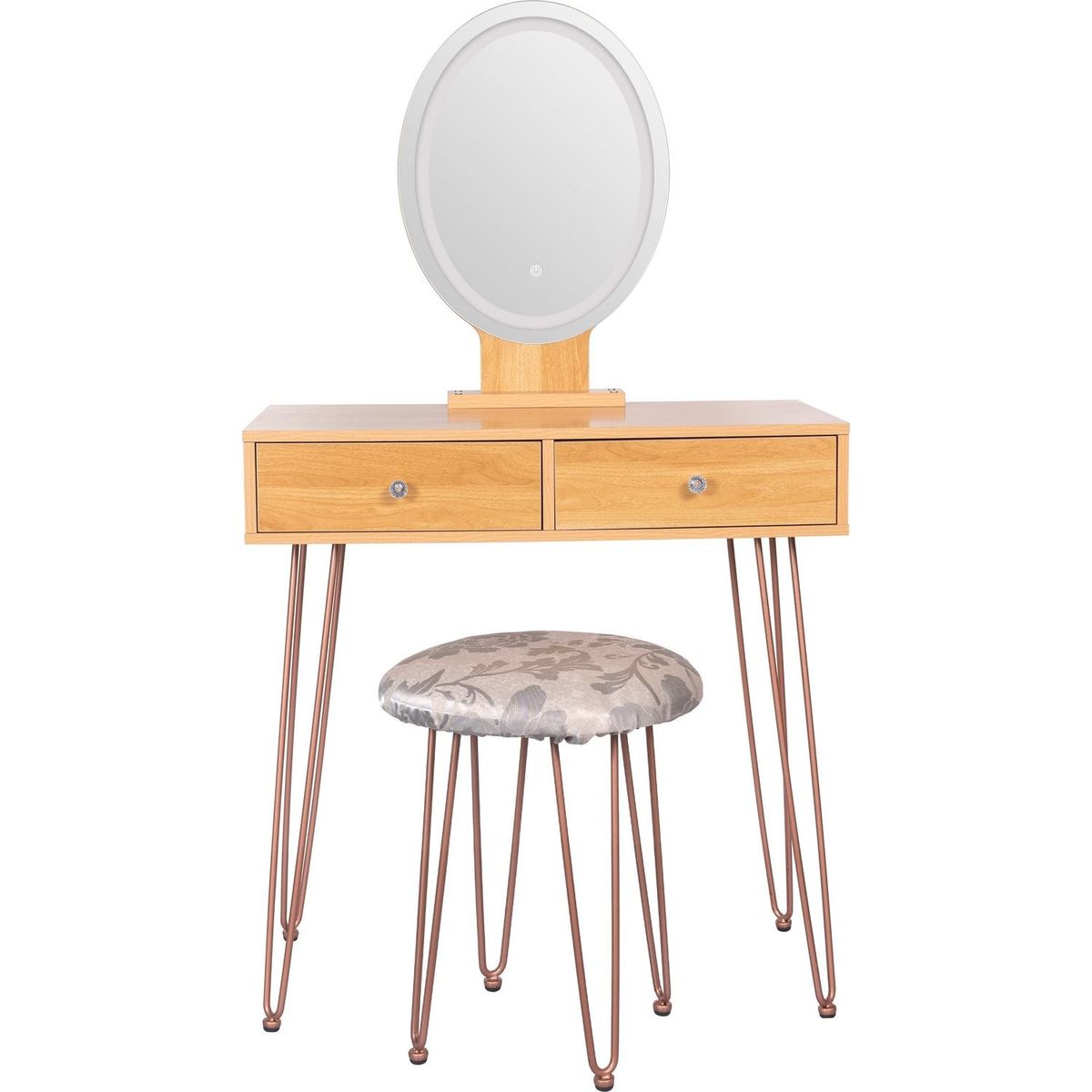 Dressing Table White Vanity Set with 3-Color Dimmable Lighted Mirror Makeup Desk with 2 Drawers and Yellow Padded Stool