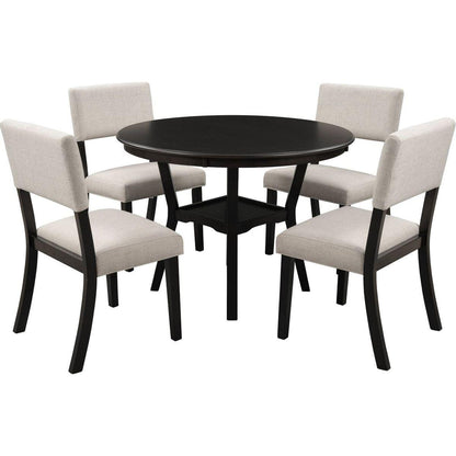 5-Piece Kitchen Dining Table Set Round Table with Bottom Shelf, 4 Upholstered Chairs for Dining Room (Espresso)