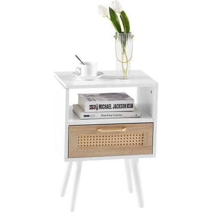 15.75" Rattan End table with drawer and solid wood legs, Modern nightstand, side table for living roon, bedroom, white