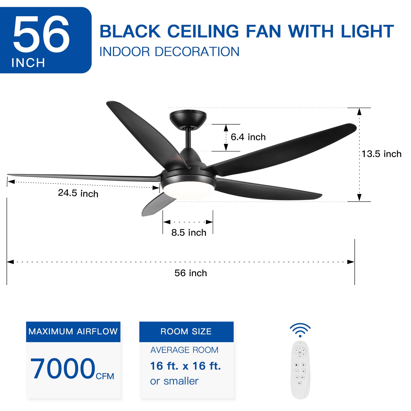 56 In Intergrated LED Ceiling Fan Lighting with Black ABS Blade