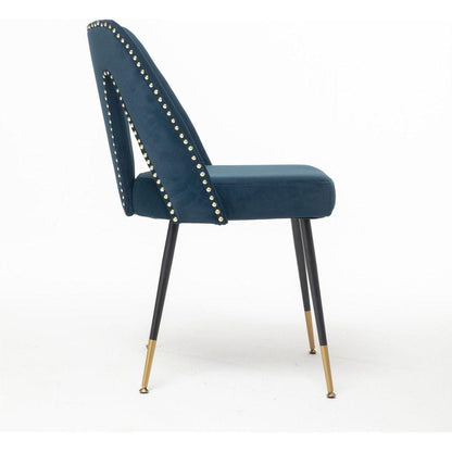 Akoya Collection Modern Contemporary Velvet Upholstered Dining Chair with Nailheads and Gold Tipped Black Metal Legs, Blue, Set of 2