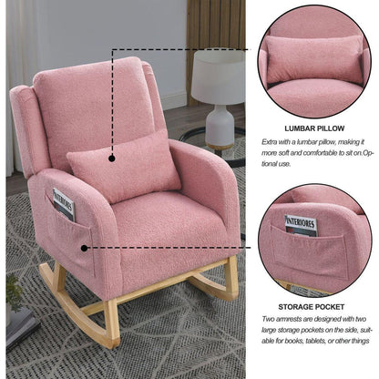 27.5" W Modern Accent High Back Living Room Casual Armchair Rocker with One Lumbar Pillow, Two Side Pockets, Teddy.