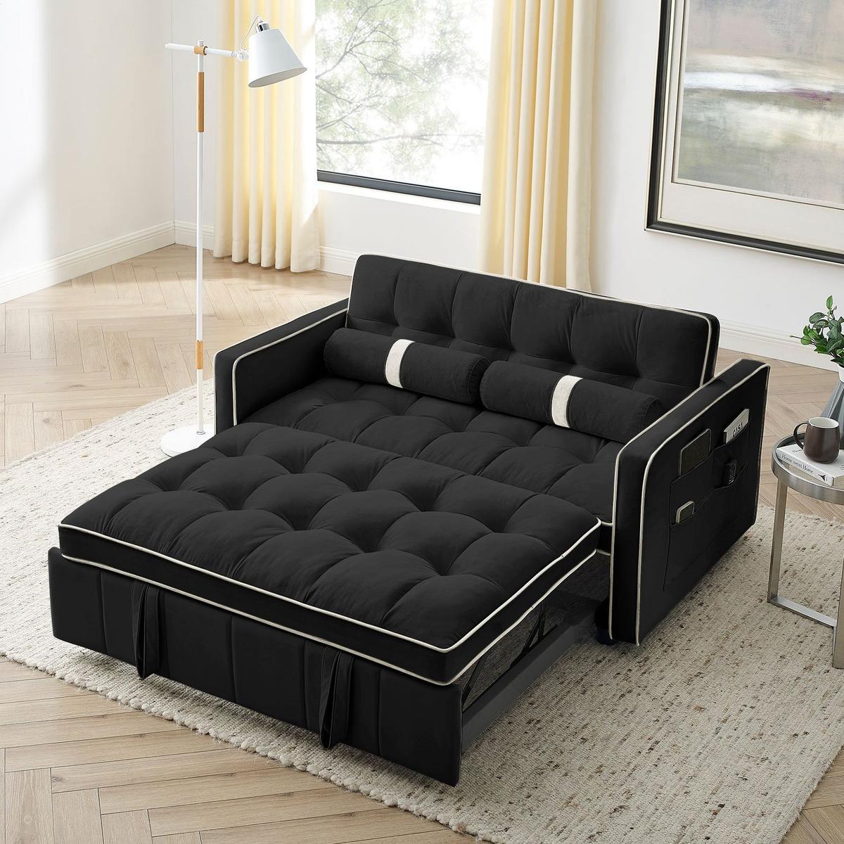 Modern 55.5" Pull Out Sleep Sofa Bed 2 Seater Loveseats Sofa Couch with side pockets, Adjustable Backrest and Lumbar Pillows for Apartment Office Living Room