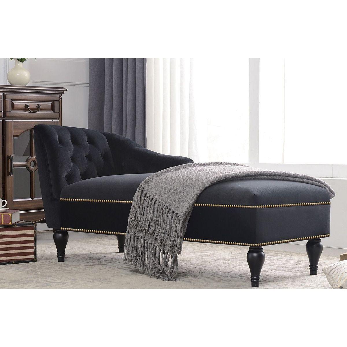 58" Velvet Chaise Lounge, Button Tufted Right Arm Facing Lounge Chair with Nailhead Trim & Solid Wood Legs for Living Room or Office, Sleeper Lounge Sofa (Black)