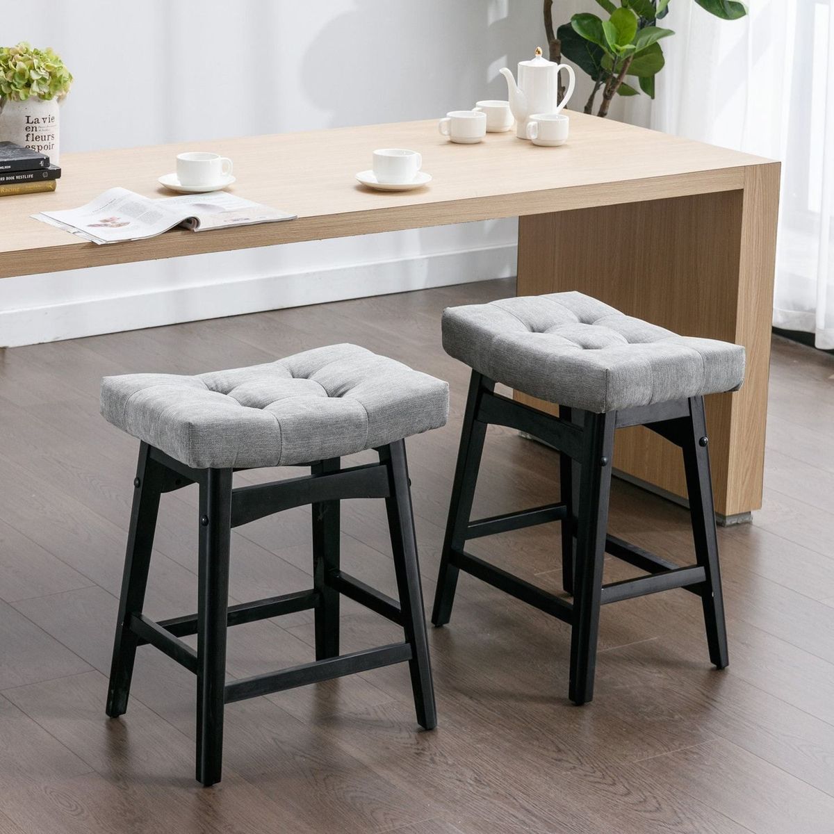 Counter Height 25" Stools for Kitchen Counter Backless Faux Leather Stools Farmhouse Island Chairs (25 Inch, Gray, Set of 2)