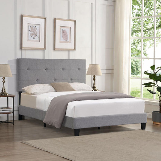 Full Size Upholstered Platform Bed Frame with Modern Button Tufted Linen Fabric Headboard, No Box Spring Needed, Wood Slat Support, Easy Assembly, Grey - Streamdale Furniture