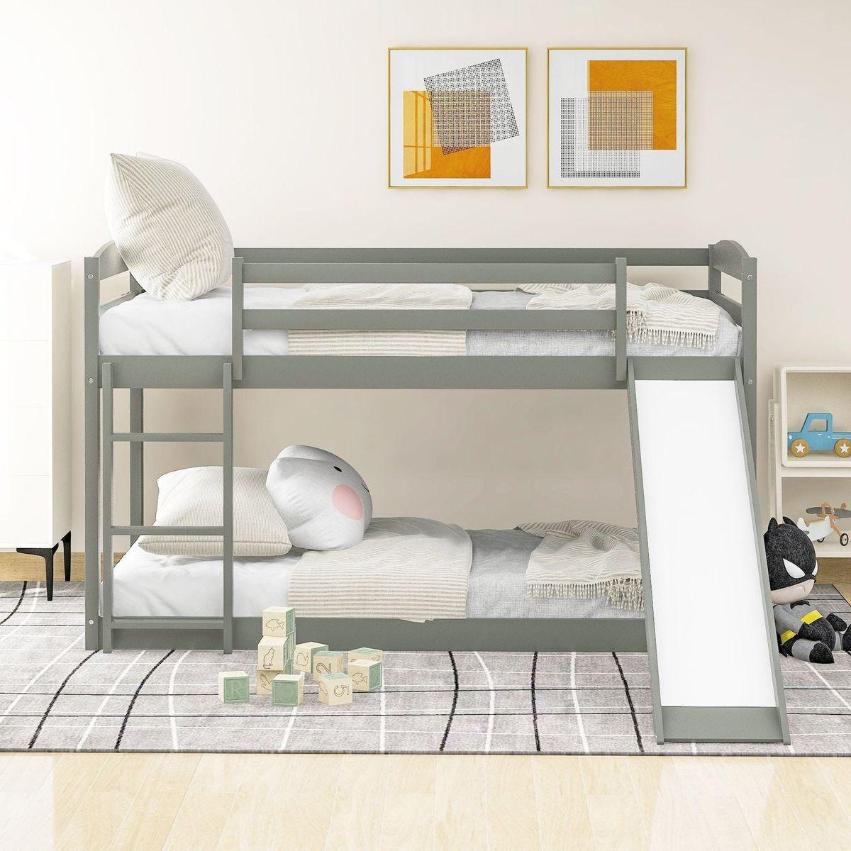 Twin over Twin Bunk Bed with Convertible Slide and Ladder, Gray