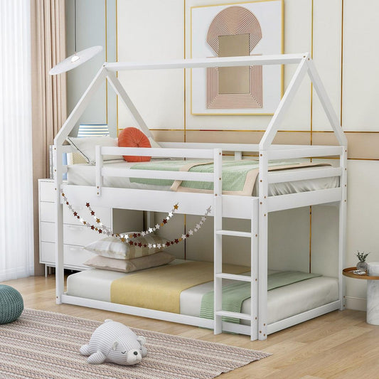 Twin over Twin Low Bunk Bed, House Bed with Ladder, White