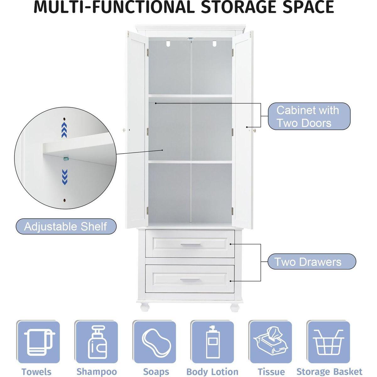 Tall Storage Cabinet with Two Drawers for Bathroom/Office, White