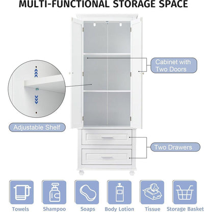 Tall Storage Cabinet with Two Drawers for Bathroom/Office, White