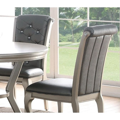 Luxury Antique Silver Wooden Set of 2 Dining Side Chairs Grey Faux Leather / PU Tufted Upholstered Cushion Chairs