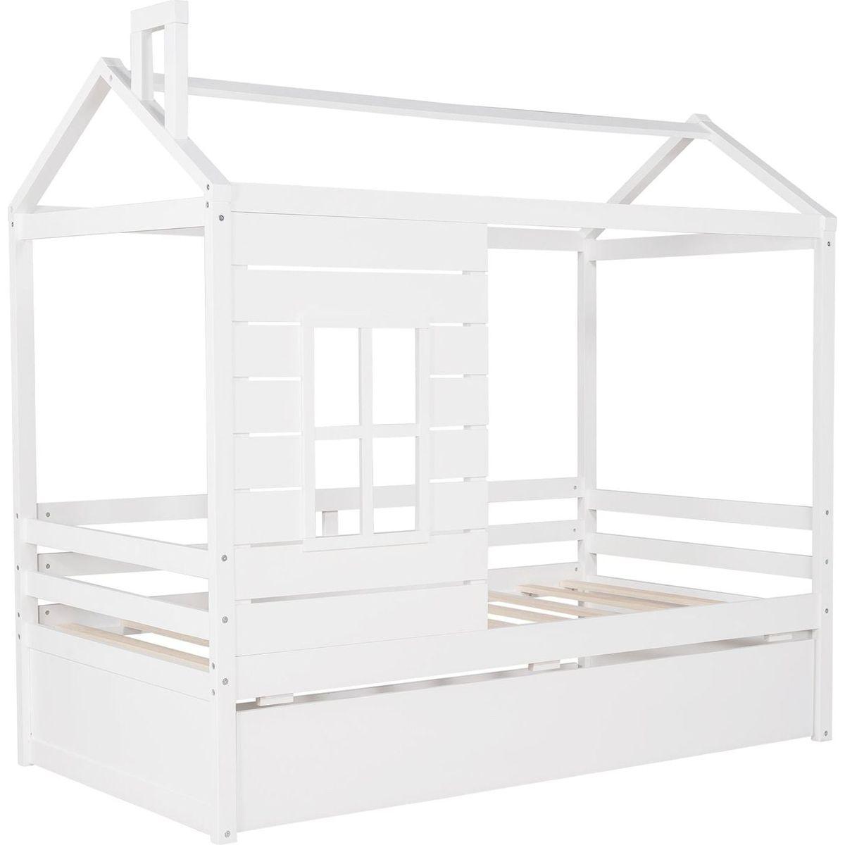 Twin Size House Bed Wood Bed with Twin Size Trundle (White)