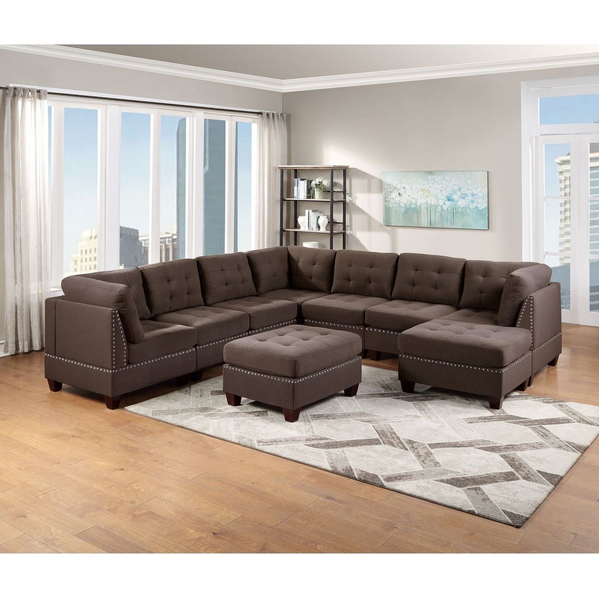 Modular Sectional 9pc Set Living Room Furniture Corner Sectional Tufted Nail heads Couch Black Coffee Linen Like Fabric 3x Corner Wedge 4x Armless Chairs and 2x Ottomans