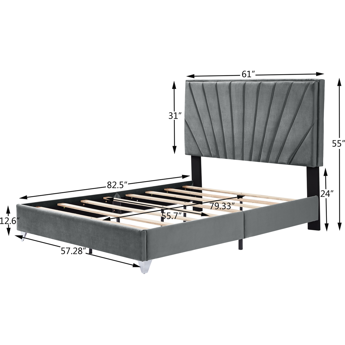 Full bed with two nightstands, Beautiful line stripe cushion headboard, strong wooden slats + metal legs with Electroplate