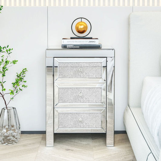 Mirrored Night Stand Bedside Tables Drawer Crystal Diamond Bedside Table Bedroom Furniture with 3-Drawers-Bedside Storage Cabinet Silvery