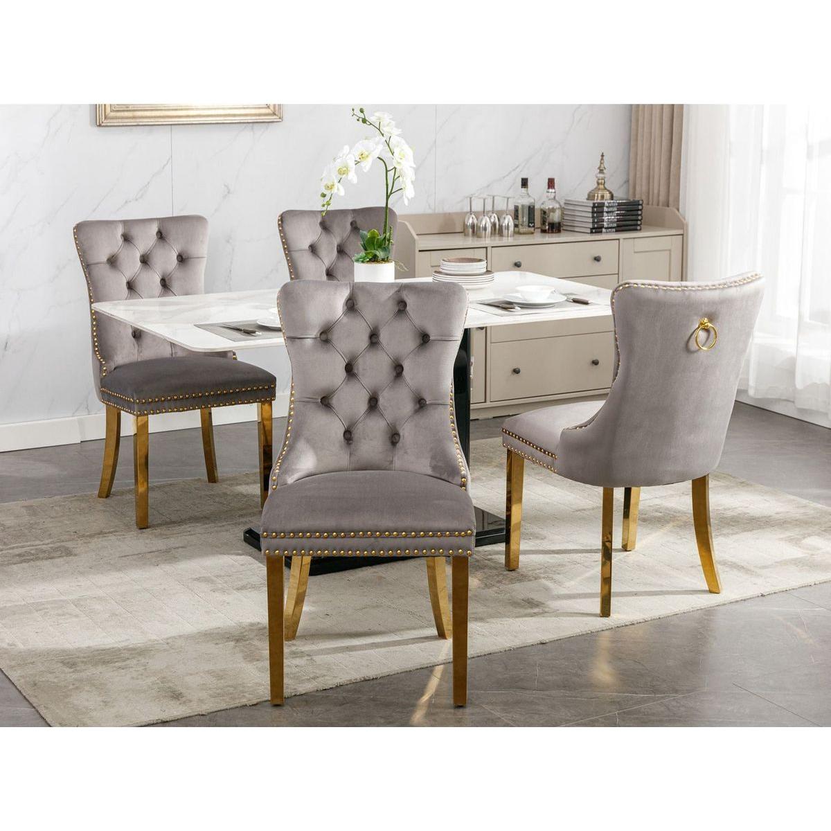 Nikki Collection Modern, High-end Tufted Solid Wood Contemporary Velvet Upholstered Dining Chair with Golden Stainless Steel Plating Legs,Nailhead Trim,Set of 2,Gray and Gold