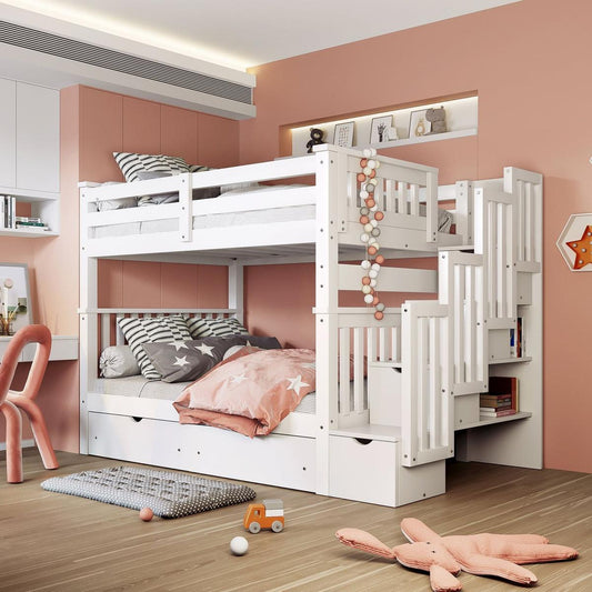 Full Over Full Bunk Bed with Shelves and 6 Storage Drawers, White - Streamdale Furniture