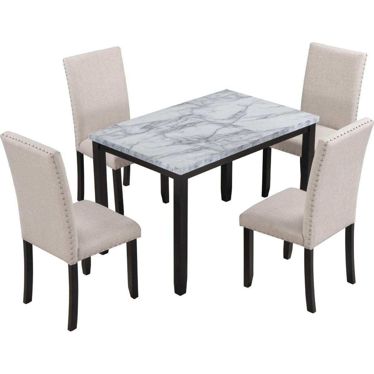 Faux Marble 5-Piece Dining Set Table with 4 Thicken Cushion Dining Chairs Home Furniture, White/Beige+Black