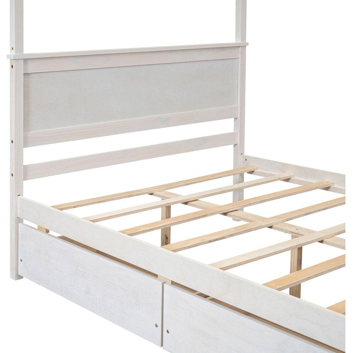 Wood Canopy Bed with two Drawers, Full Size Canopy Platform bed With Support Slats .No Box Spring Needed, Brushed White