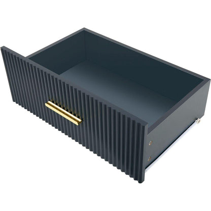 Modern Sideboard MDF Buffet Cabinet Marble Sticker Tabletop and Amber-yellow Tempered Glass Doors with Gold Metal Legs & Handles (Navy Blue)