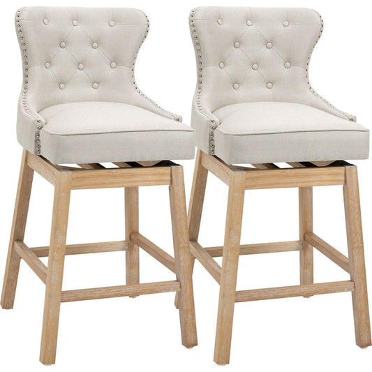 Upholstered Fabric Bar Height Bar Stools, 180 Swivel Nailhead-Trim Pub Chairs, 30" Seat Height with Rubber Wood Legs, Set of 2, Cream