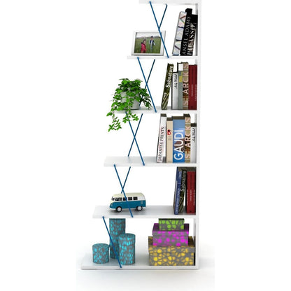 Furnish Home Store Modern 5 Tier Ladder Bookshelf Organizers, Narrow Bookshelf for Small Spaces Office Furniture Bookcase, White/Blue