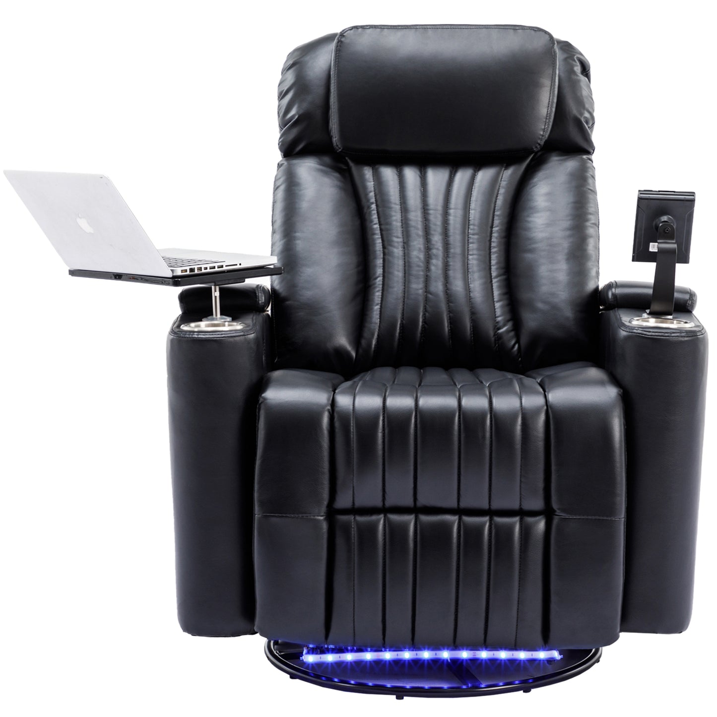 270 degree Power Swivel Recliner, Home Theater Seating With Hidden Arm Storage and LED Light Strip, Cup Holder, 360 degree Swivel Tray Table, and Cell Phone Holder, Soft Living Room Chair, Black