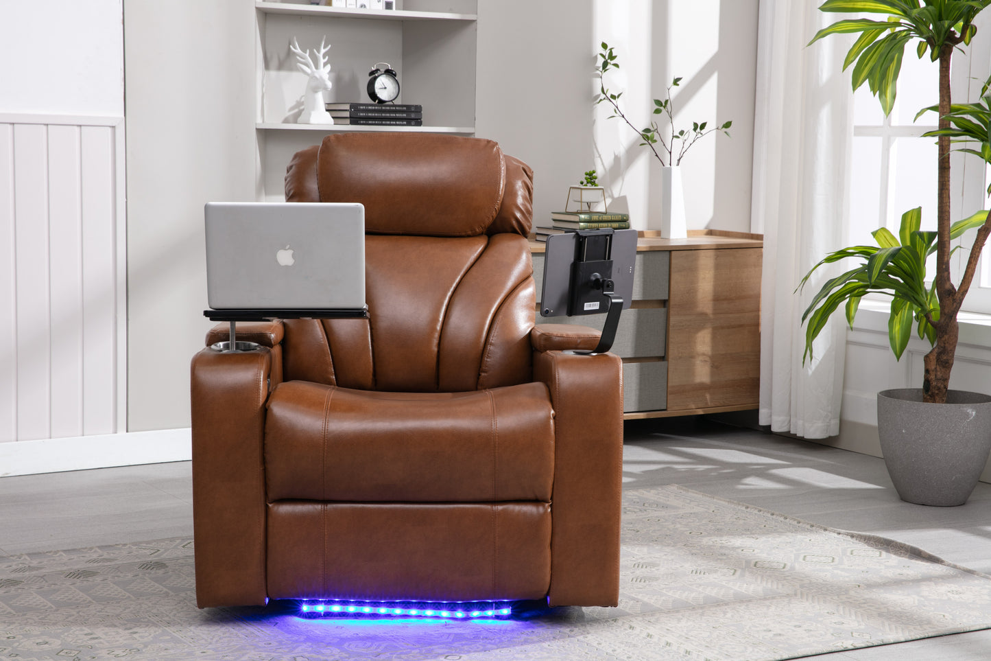 Power Motion Recliner with USB Charging Port and Hidden Arm Storage, Home Theater Seating with Convenient Cup Holder Design, and stereo(Light Brown)