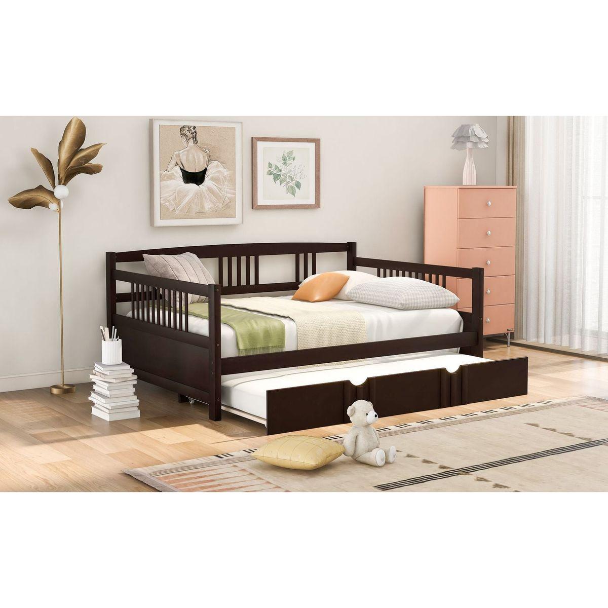 Full Size Daybed Wood Bed with Twin Size Trundle, Espresso - Streamdale Furniture